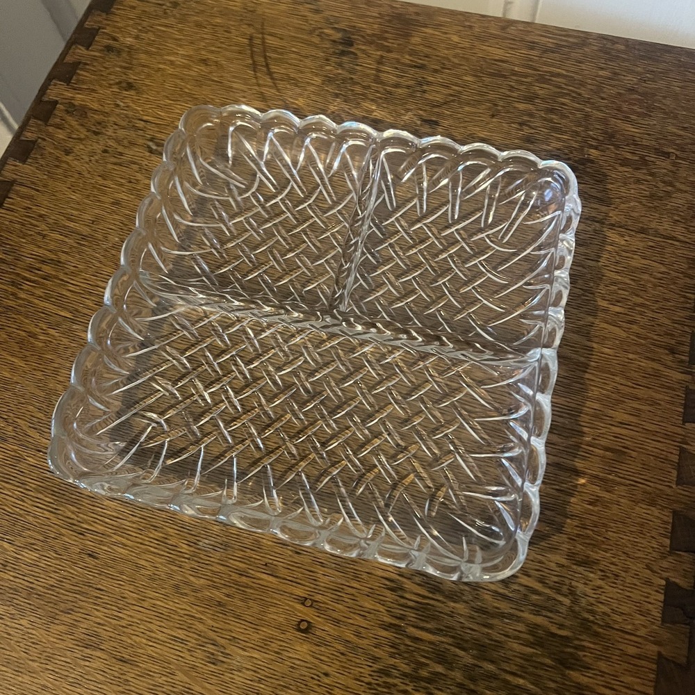 VTG Indiana Glass Co. Pretzel Pattern Crystal 3 Part Square Dinner Plate